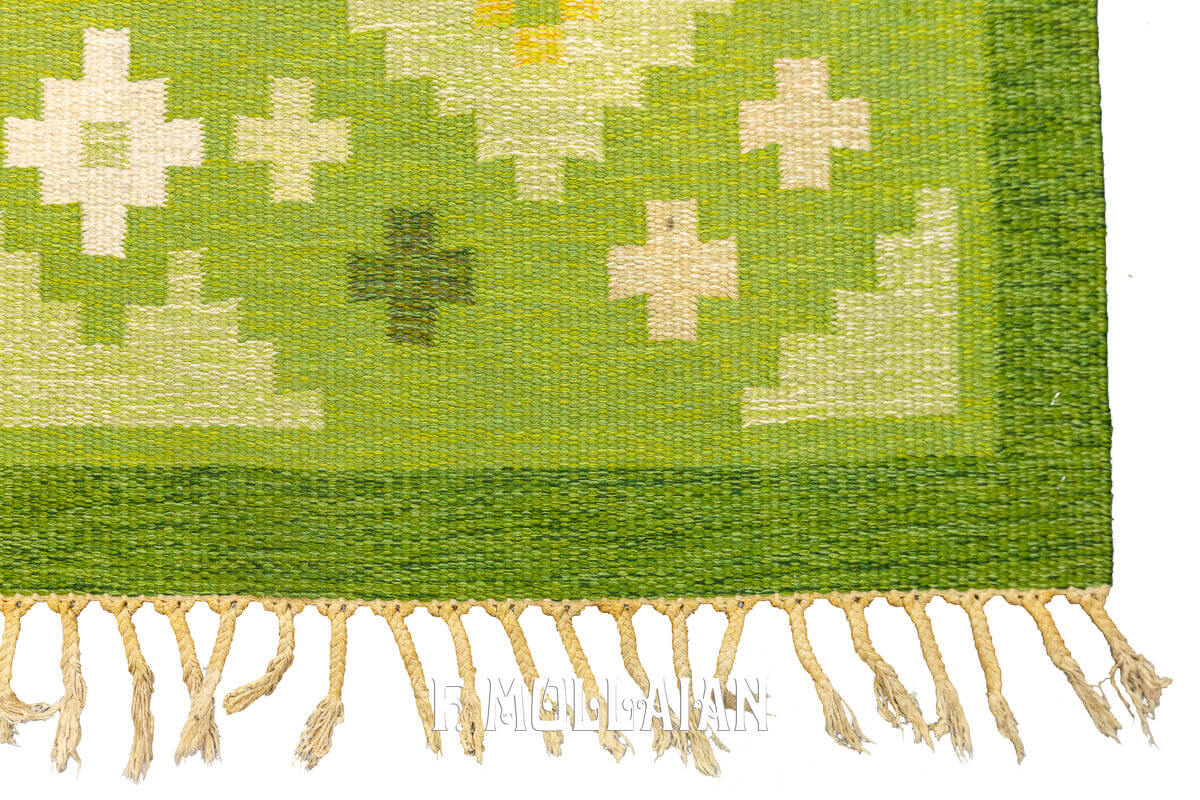 Greenish Signed Rollakan Swedish Wool Kilim n°:512174